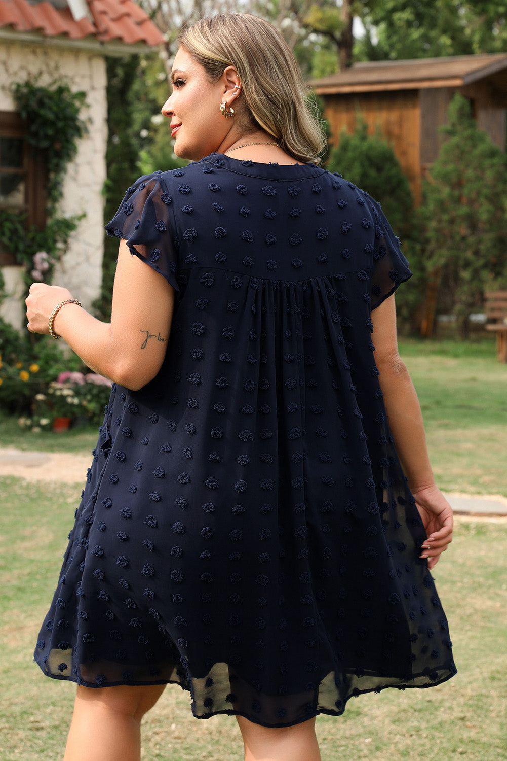 Navy Blue Dotty Textured Cap Sleeve Dress