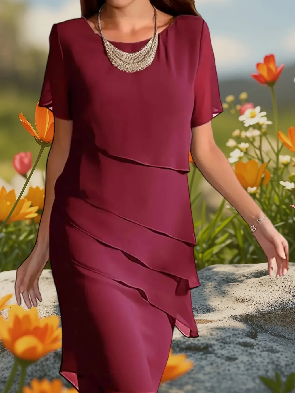 Round Neck Half Sleeve Layered Chiffon Dress Bazaare Mart Short Sleeve Dress