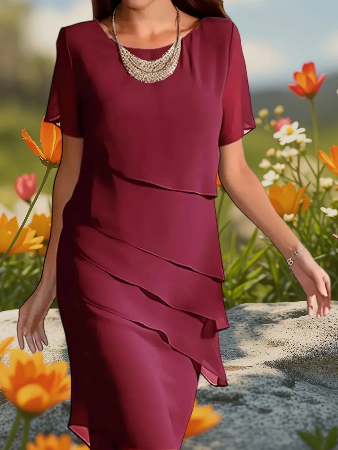 Round Neck Half Sleeve Layered Chiffon Dress Bazaare Mart Short Sleeve Dress