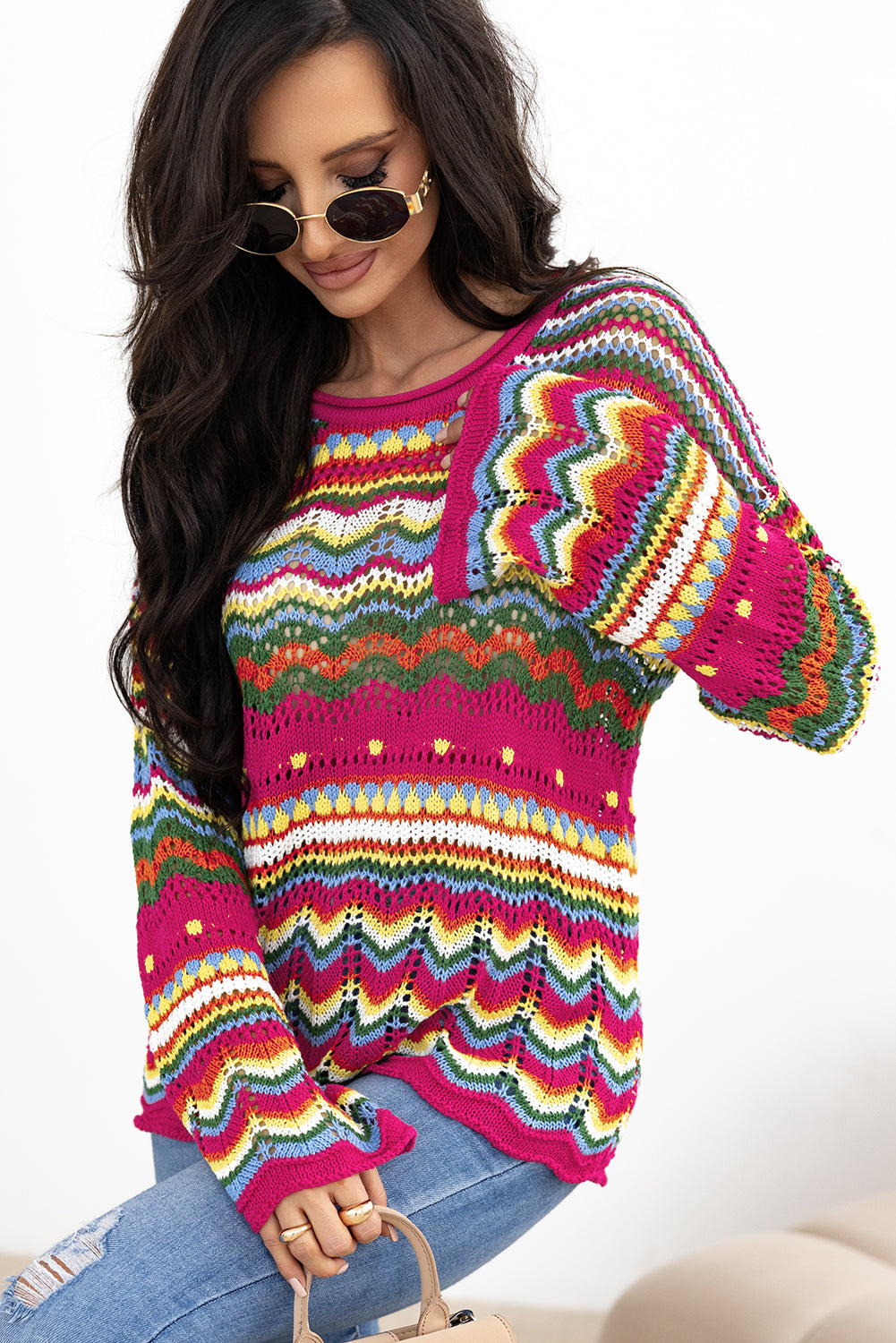 Colorful Striped Hollowed Knit Loose Sleeve Sweater