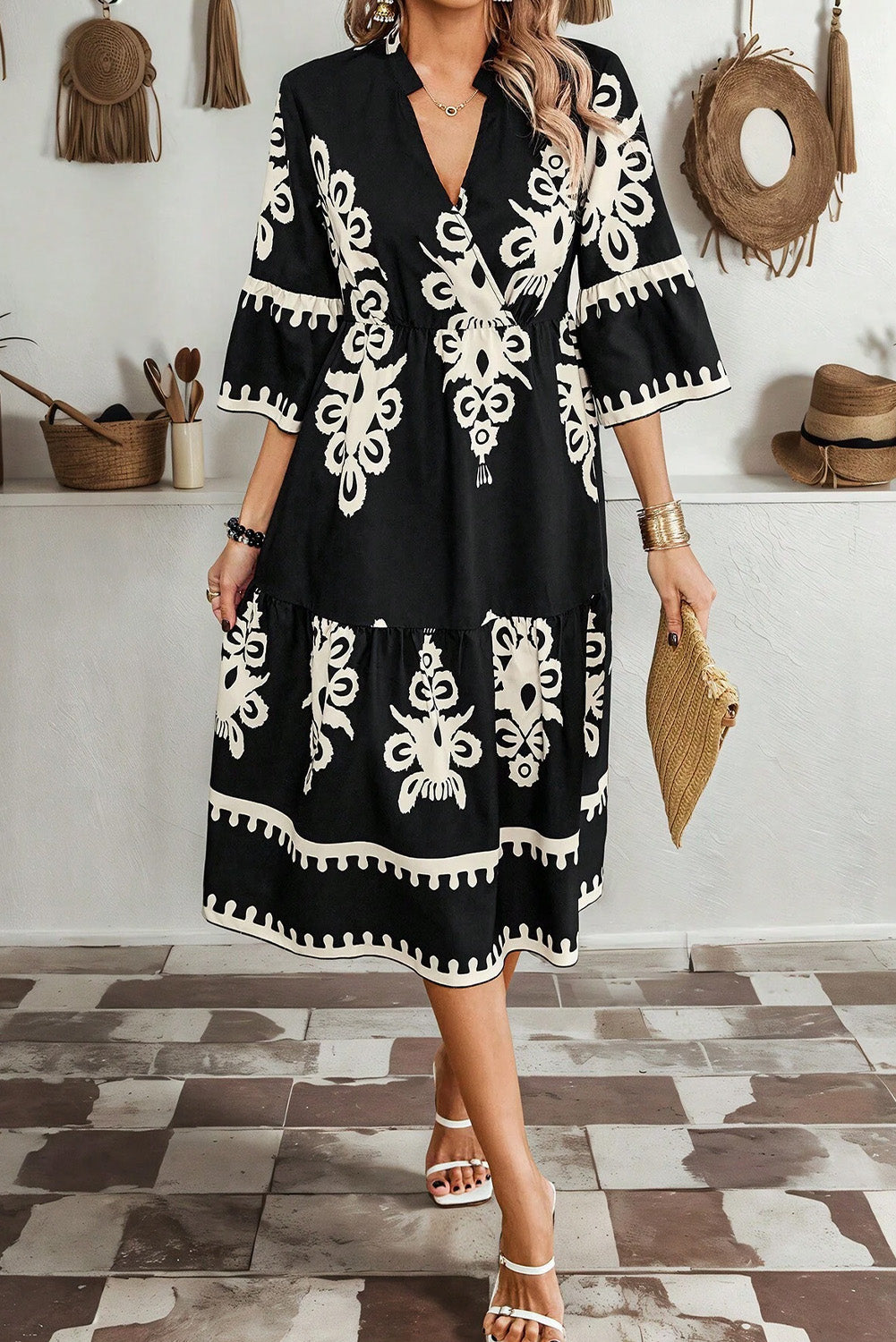 B&W Boho 3/4 Sleeve Loose Midi Dress
