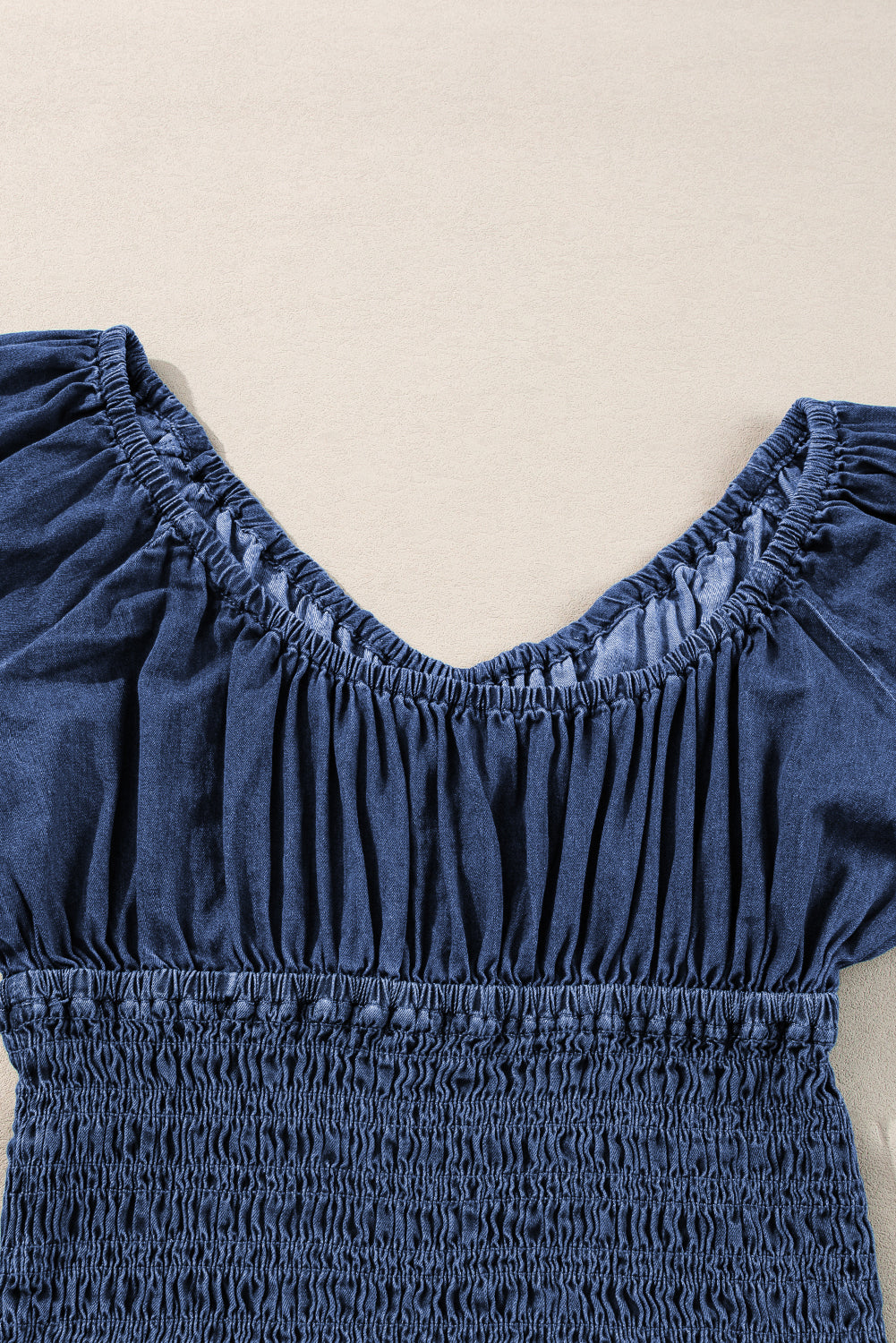 Dark Blue Smocked Ruffled Puff Long Sleeve Denim Blouse