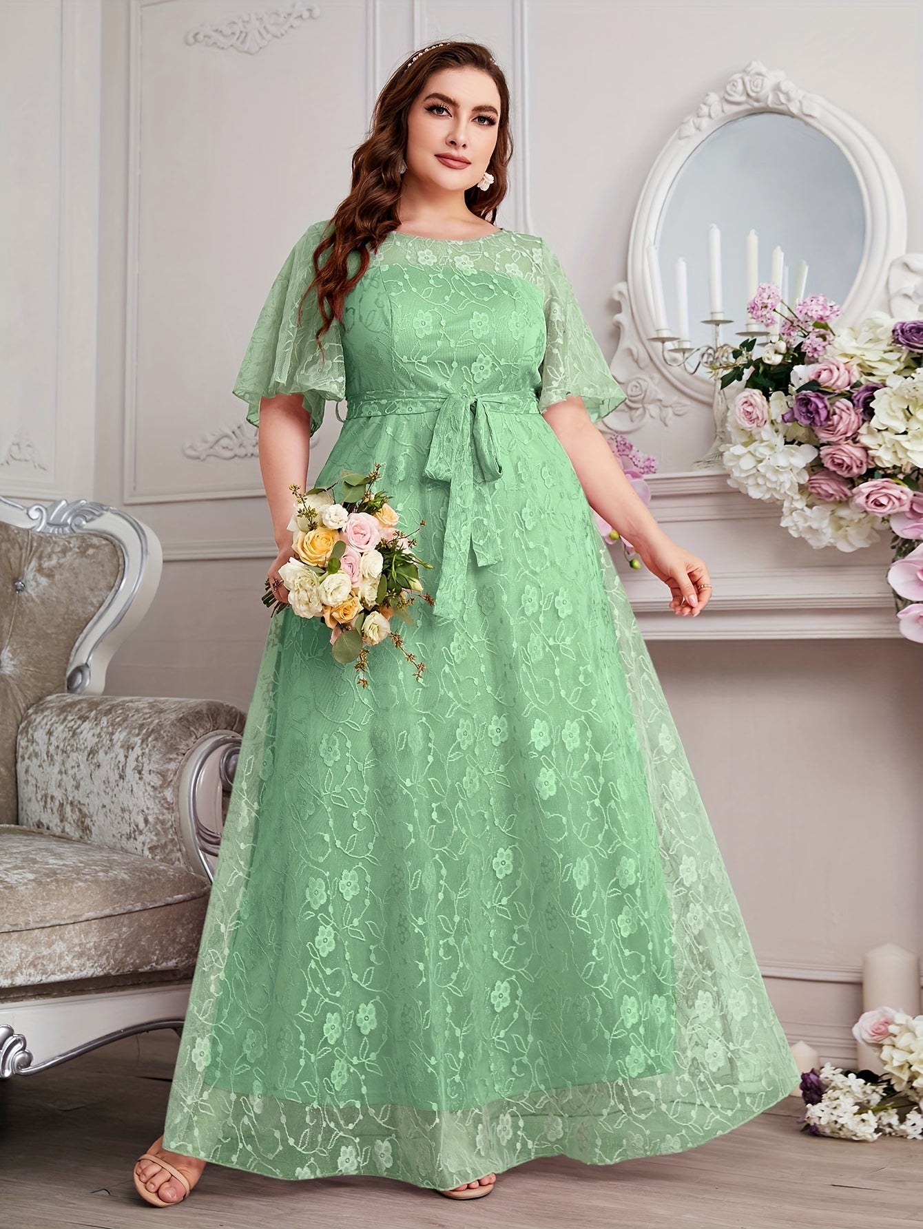 Elegant High Waist Lace Round Neck Half Flutter Sleeve Solid Color Formal Floor Length Dress