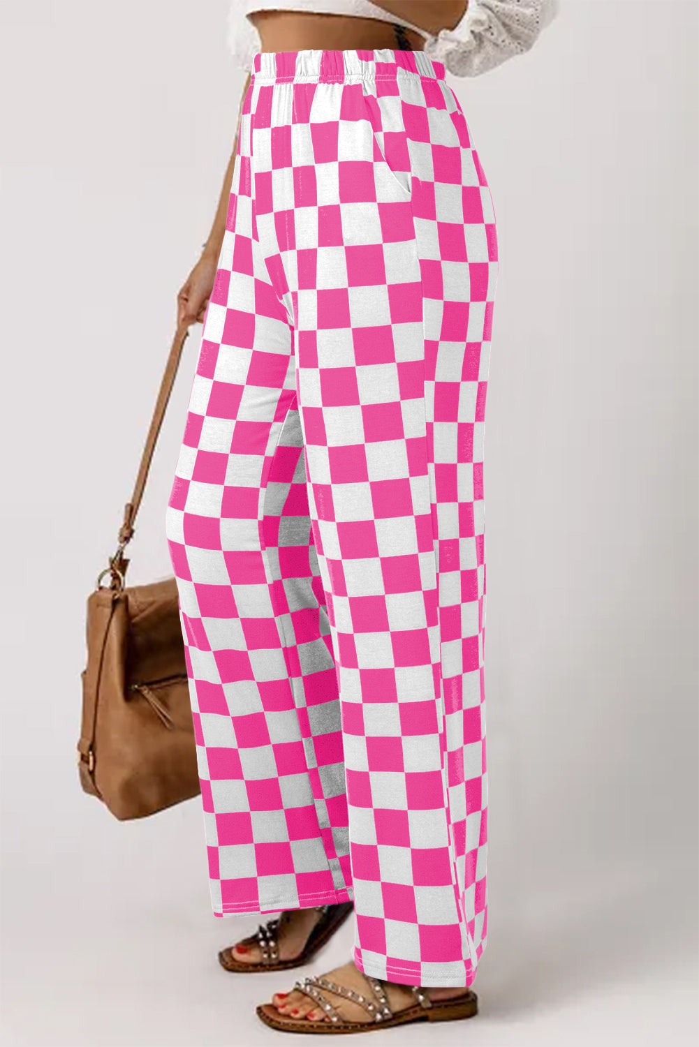 Pink & White Checkered Print High Waist Wide Leg Pants