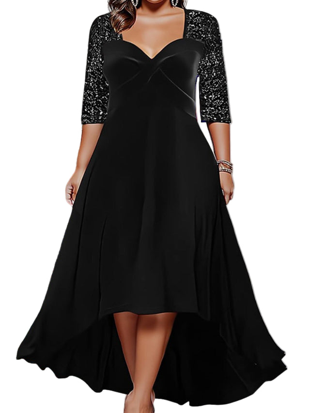 Elegant Sweetheart Neck 3/4 Sequin Sleeve Velvet High Low Midi Dress