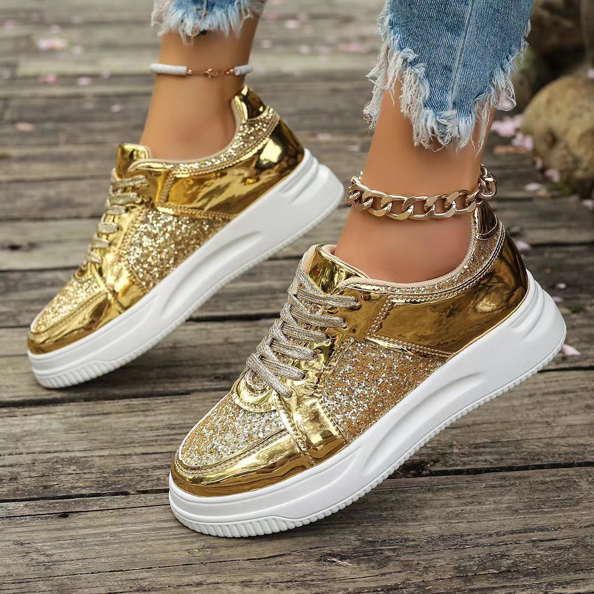 Glittery Round Toe Platform Sneakers