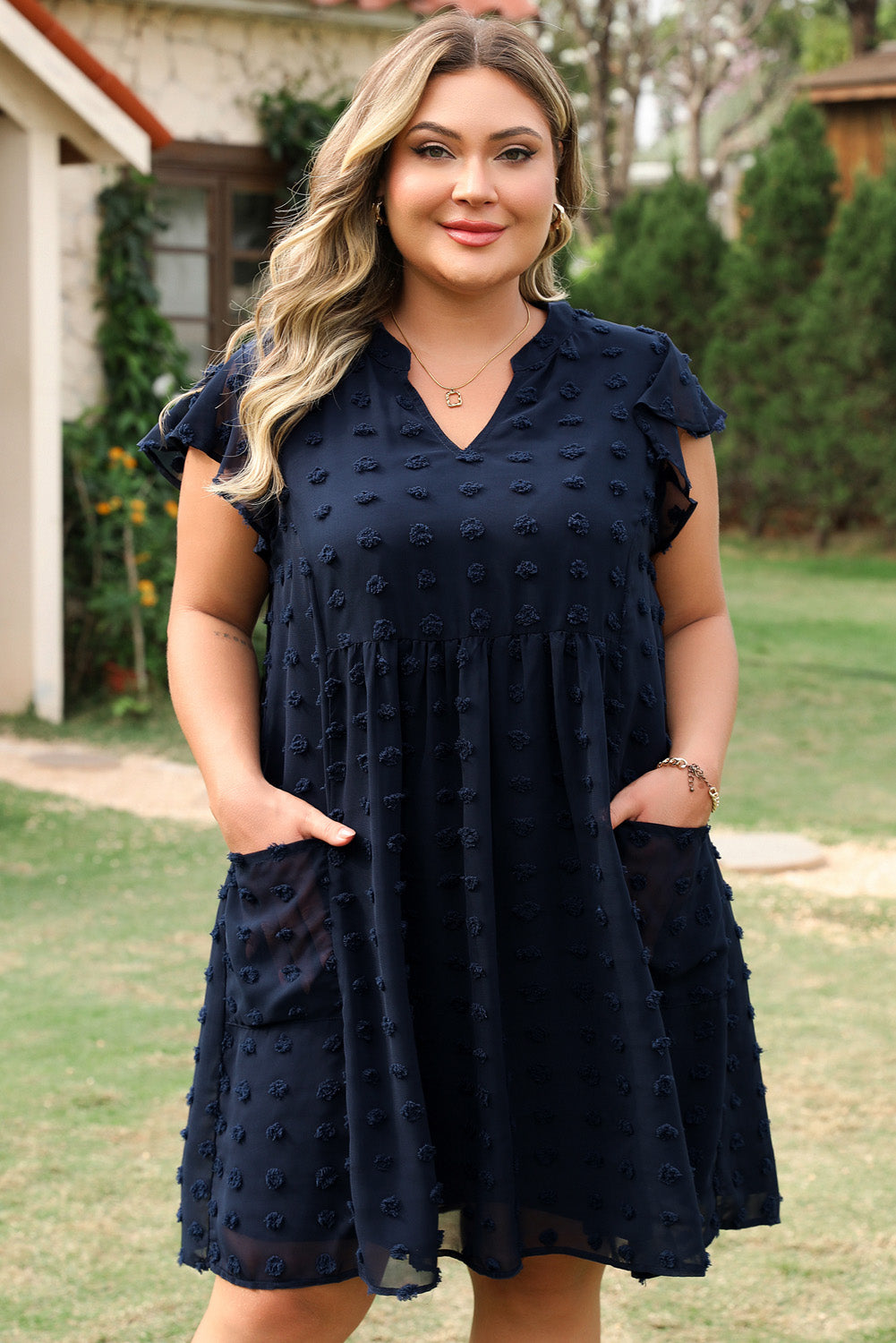 Navy Blue Dotty Textured Cap Sleeve Dress