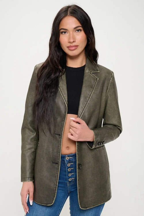 Coalition LA Single-Breasted Vegan Leather Blazer Olive Brown Trendsi Coalition LA Single-Breasted Vegan Leather Blazer
