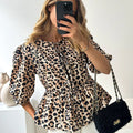 Leopard Lace-up Bubble Sleeve Blouse Brown Bazaare Mart Half Sleeve Leopard Blouse