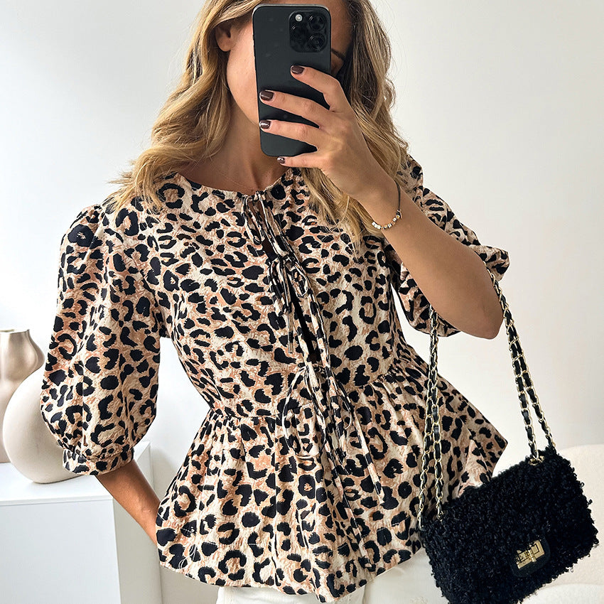 Leopard Lace-up Bubble Sleeve Blouse
