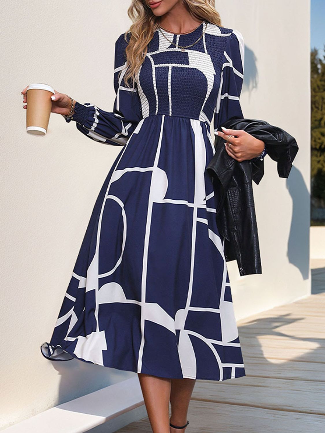 Perfee Smocked Color Block Long Sleeve Midi Dress