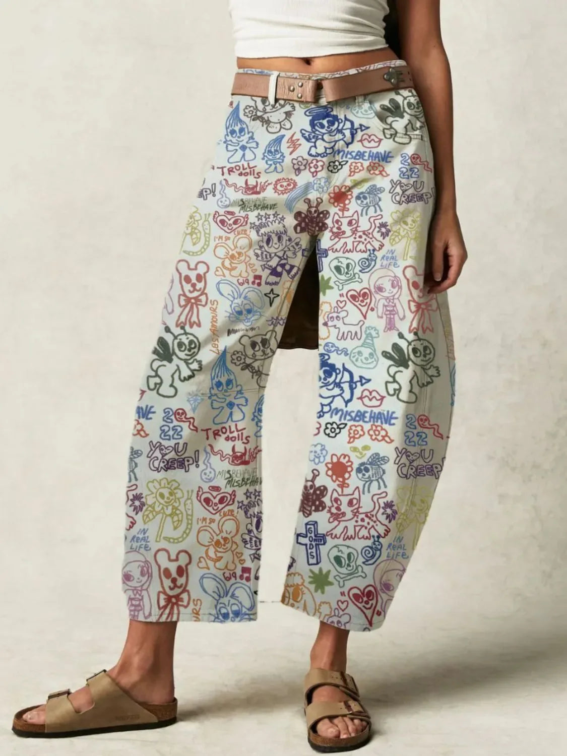 Trendy Printed Wide Leg Jeans Light Blue Bazarre Mart Pants
