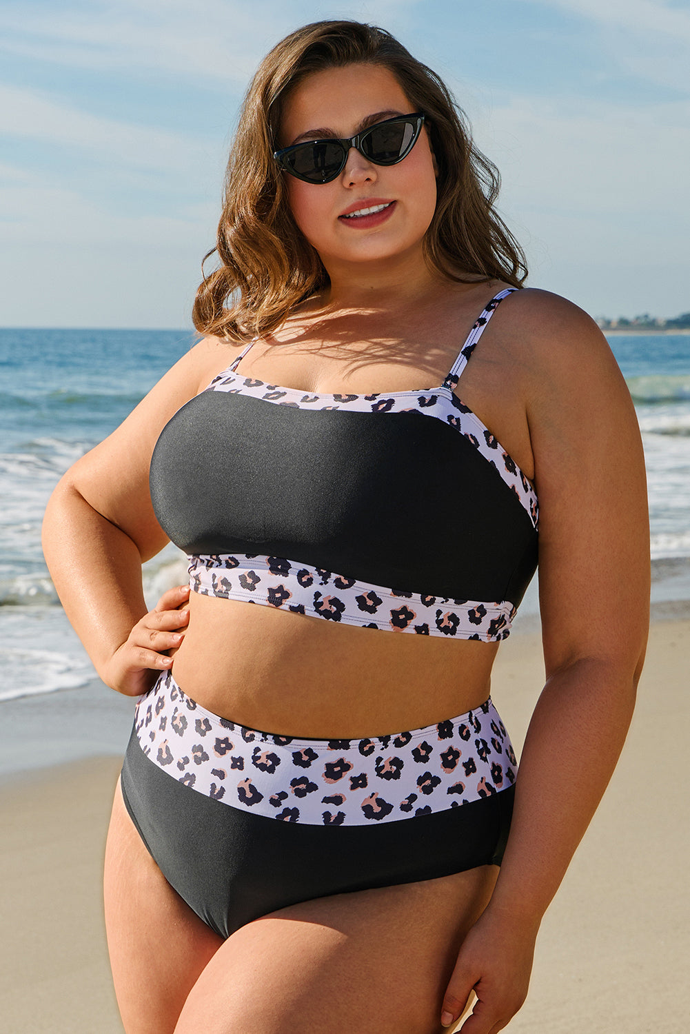 Black 2pcs Leopard Edge Plus Size High Waisted Swimsuit