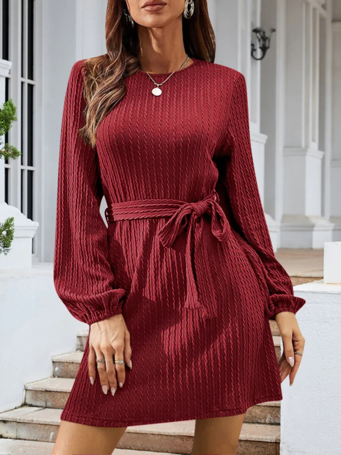 Round Neck Tie Front Long Sleeve Dress Bazaare Mart Round Neck Tie Front Long Sleeve Dress