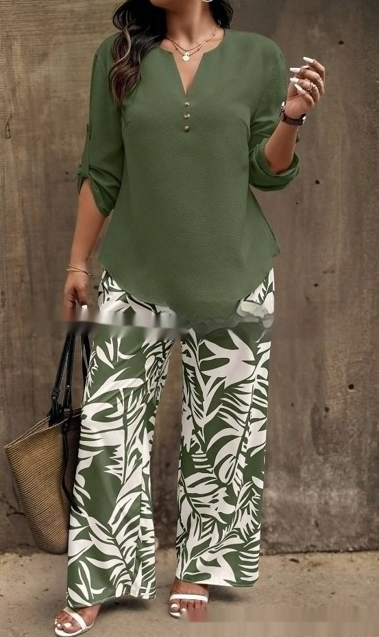 Ladies V-neck Shirt with Tropical Printed Pants 2 Style CJ Dropshipping Tropical Pants Set
