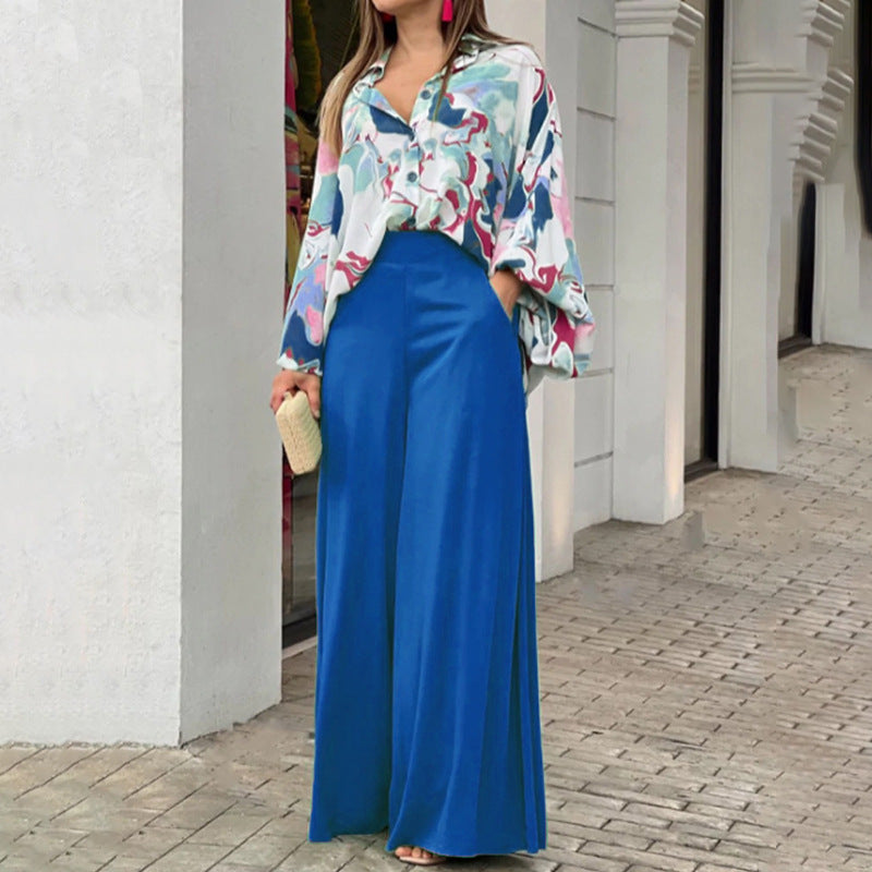 Loose & Printed Blouse and Coordinating Wide Leg Solid Color Pants Set Blue CJ Dropshipping Loose Blouse and Pants Set