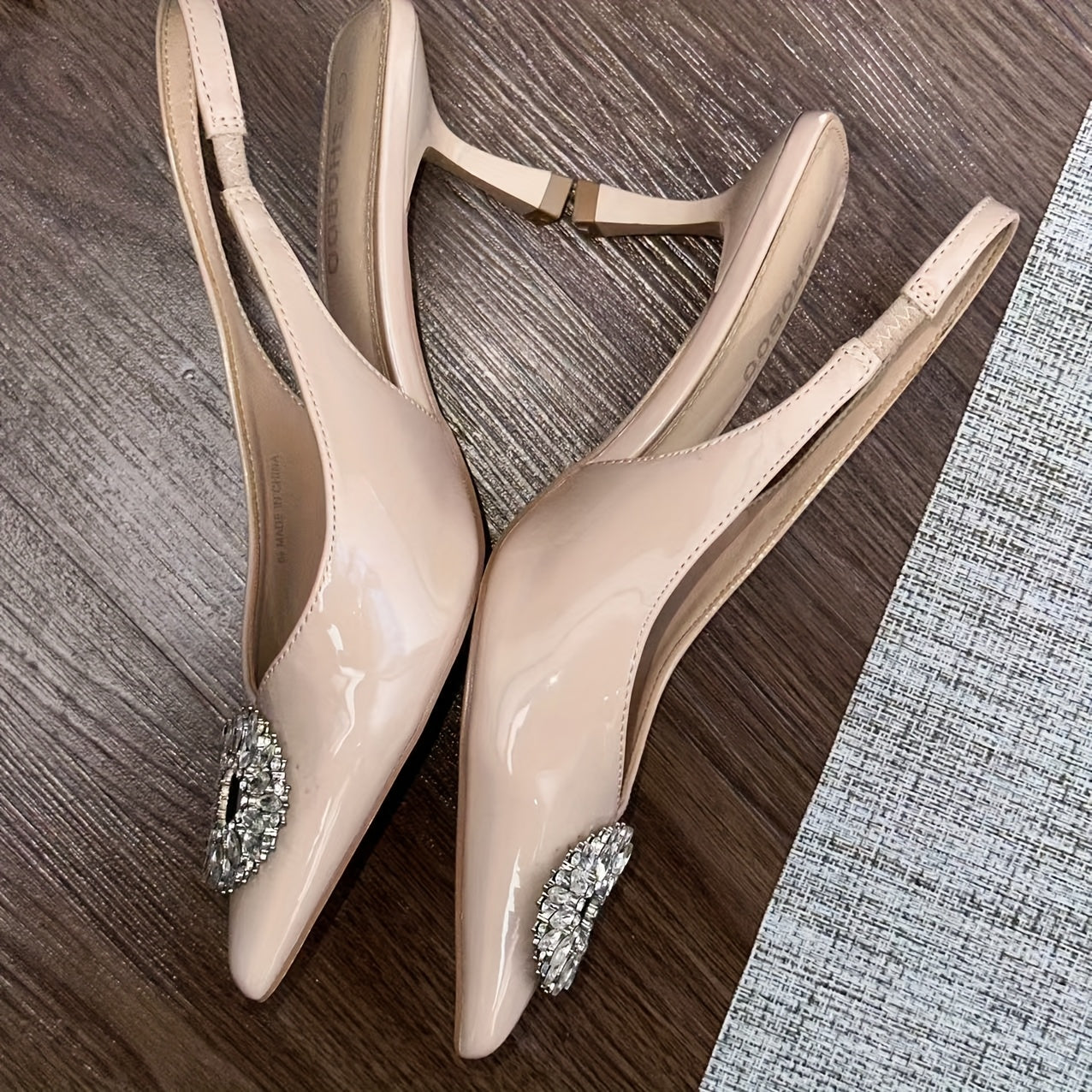 Beige Pointed Toe Rhinestone Accented Slingback Heels