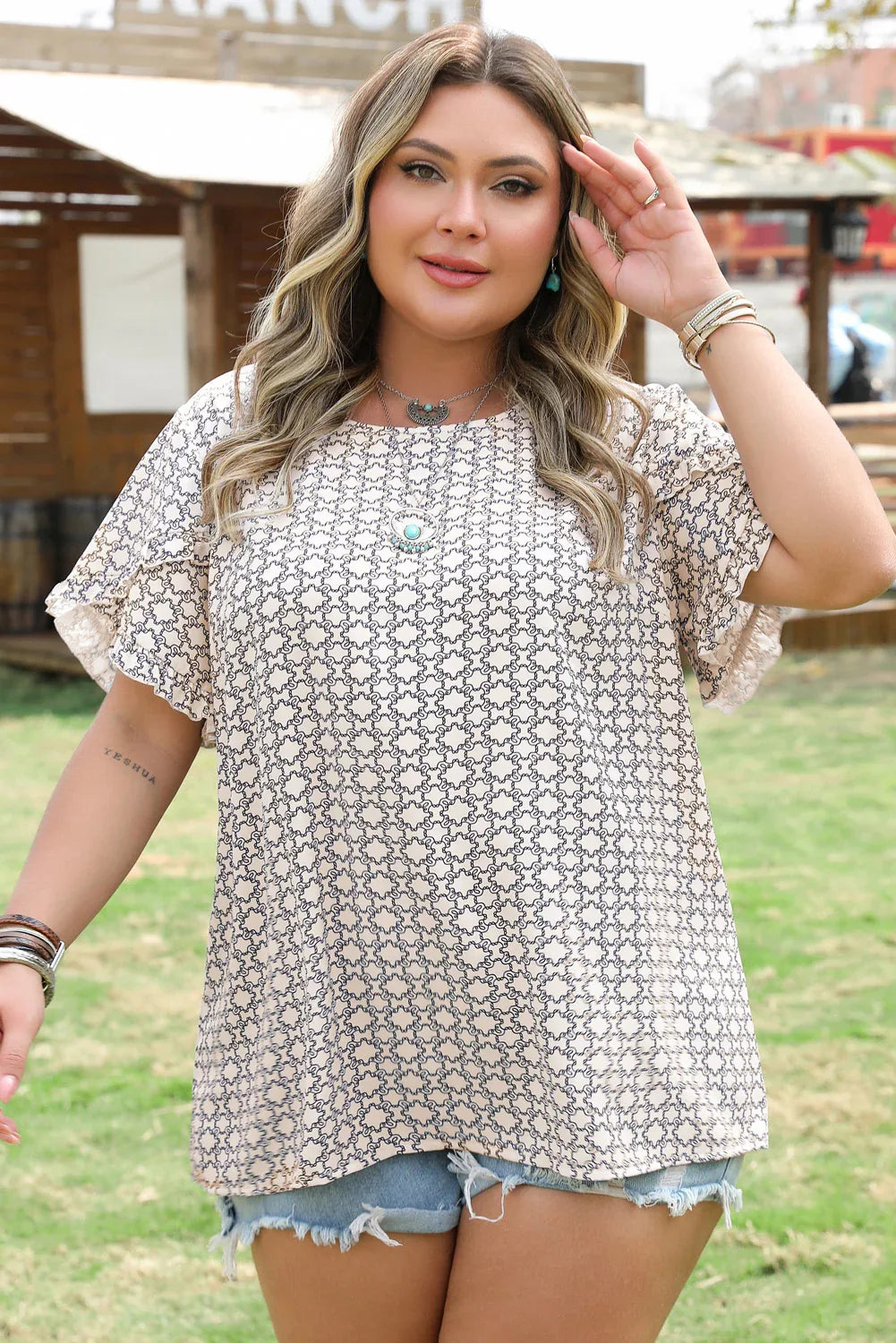 Khaki Plus Size Geometric Print Ruffled Sleeve Blouse Dear-Lover Dropshipping Plus Size/Plus Size Tops/Plus Size Blouses & Shirts