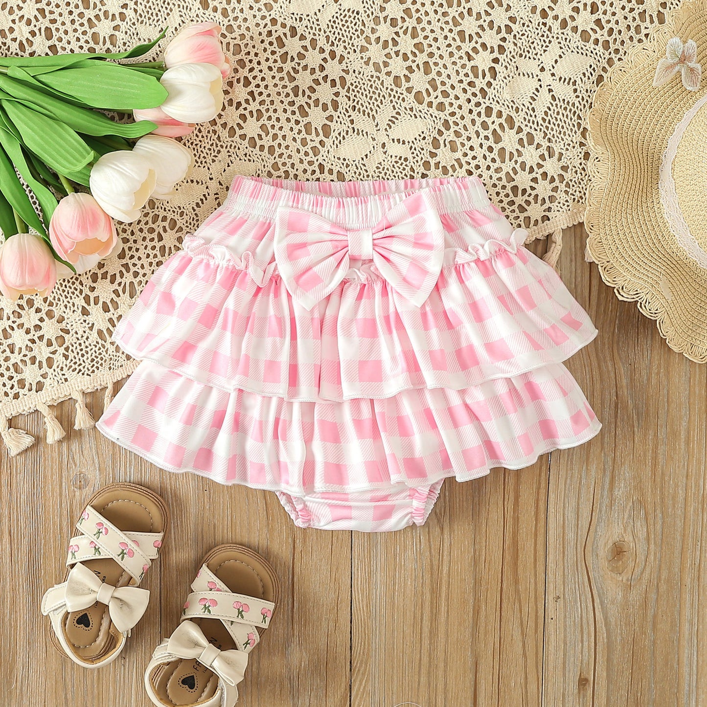 Baby Pink Plaid Short Skirt 3pc Set