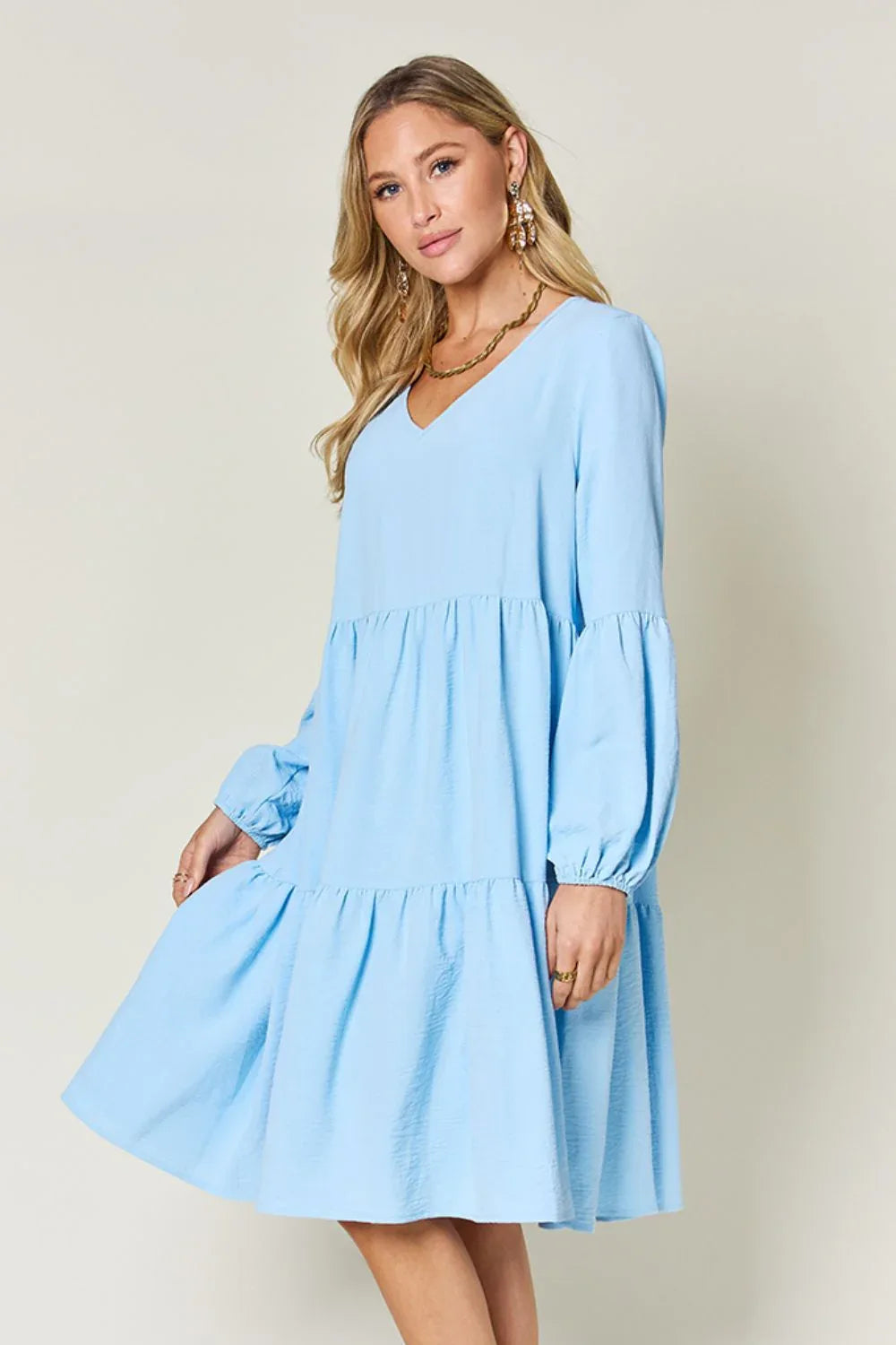 Solid V-Neck Long Balloon Sleeve Tiered Dress Bazaare Mart Long Sleeve Layered Dress