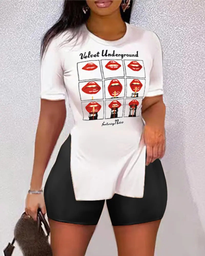 Women’s Printed Two-Piece Shorts Set – Trendy Split Sleeve Casual Matching Outfit White Lips CJ Dropshipping Plus Size Shorts Sets