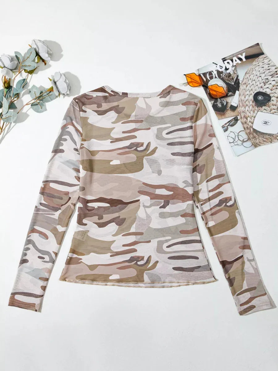 Beige Camouflage Mesh Long Sleeve Top Bazaare Mart Camouflage Print Mesh Long Sleeve Top