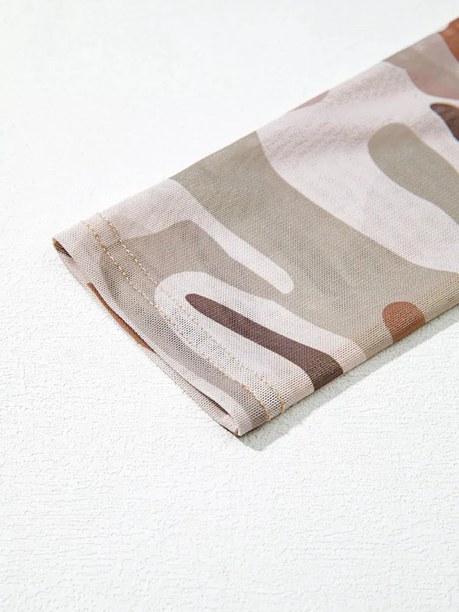 Beige Camouflage Mesh Long Sleeve Top Bazaare Mart Camouflage Print Mesh Long Sleeve Top