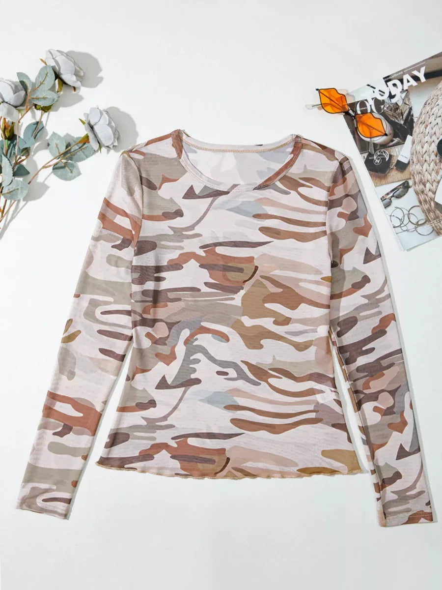Beige Camouflage Mesh Long Sleeve Top Bazaare Mart Camouflage Print Mesh Long Sleeve Top