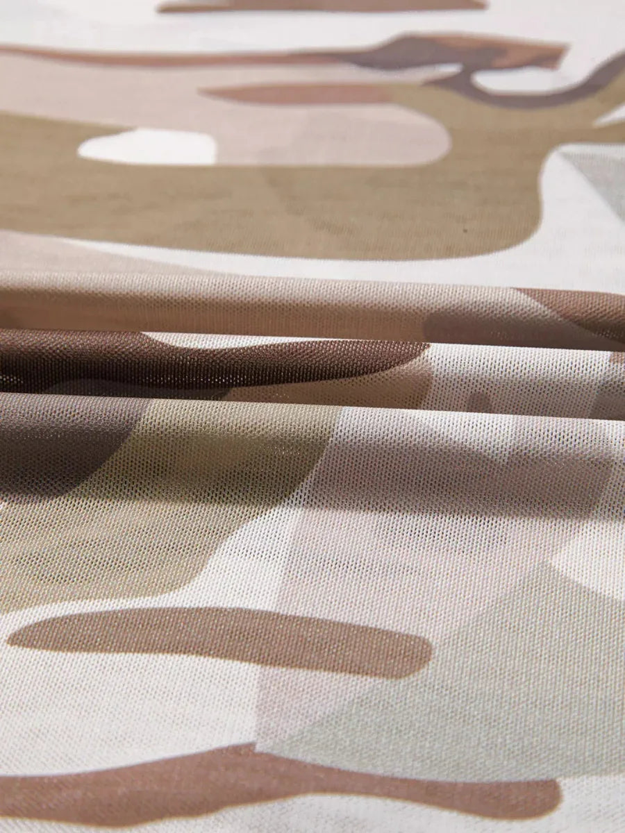 Beige Camouflage Mesh Long Sleeve Top Bazaare Mart Camouflage Print Mesh Long Sleeve Top