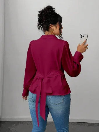 Mesh Semi-Sheer Wrap Button-Front Long Sleeve Blouse Bazaare Mart Mesh Wrap Long Sleeve Blouse