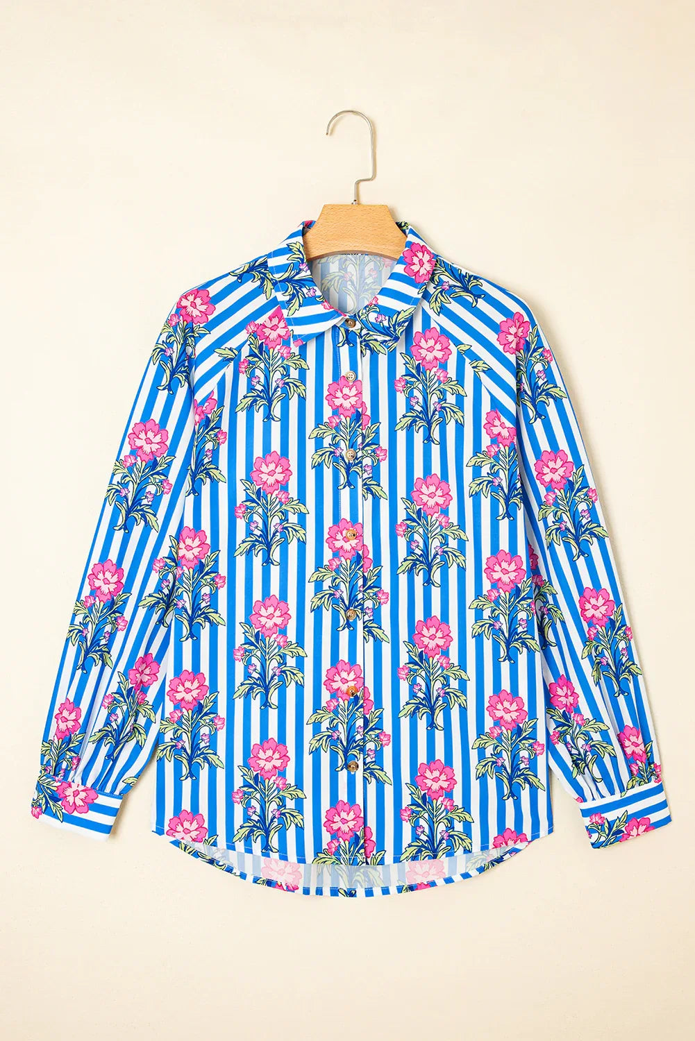 Blue Striped Floral Print Buttoned Cuffs Loose Fit Shirt Bazaare Mart Tops/Blouses & Shirts