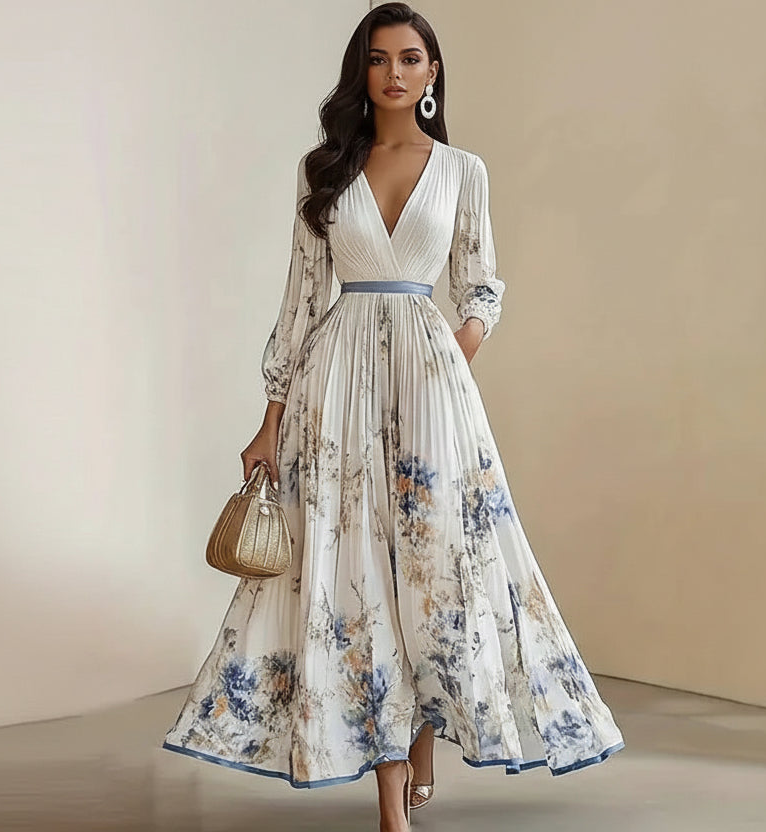 Blue Floral V-Neck Long Sleeve Maxi Dress Bazaare Mart Floral Print V-Neck Long Sleeve Maxi Dress