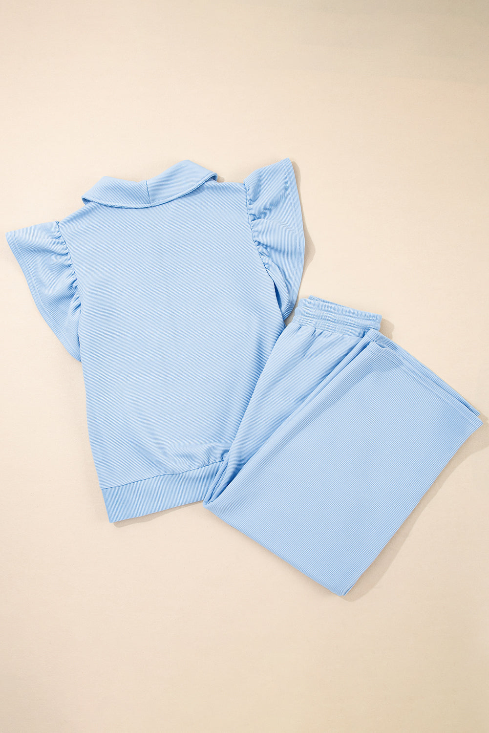 Baby Blue Textured Flutter Sleeve Zipped Top and Wide Leg Capris Set