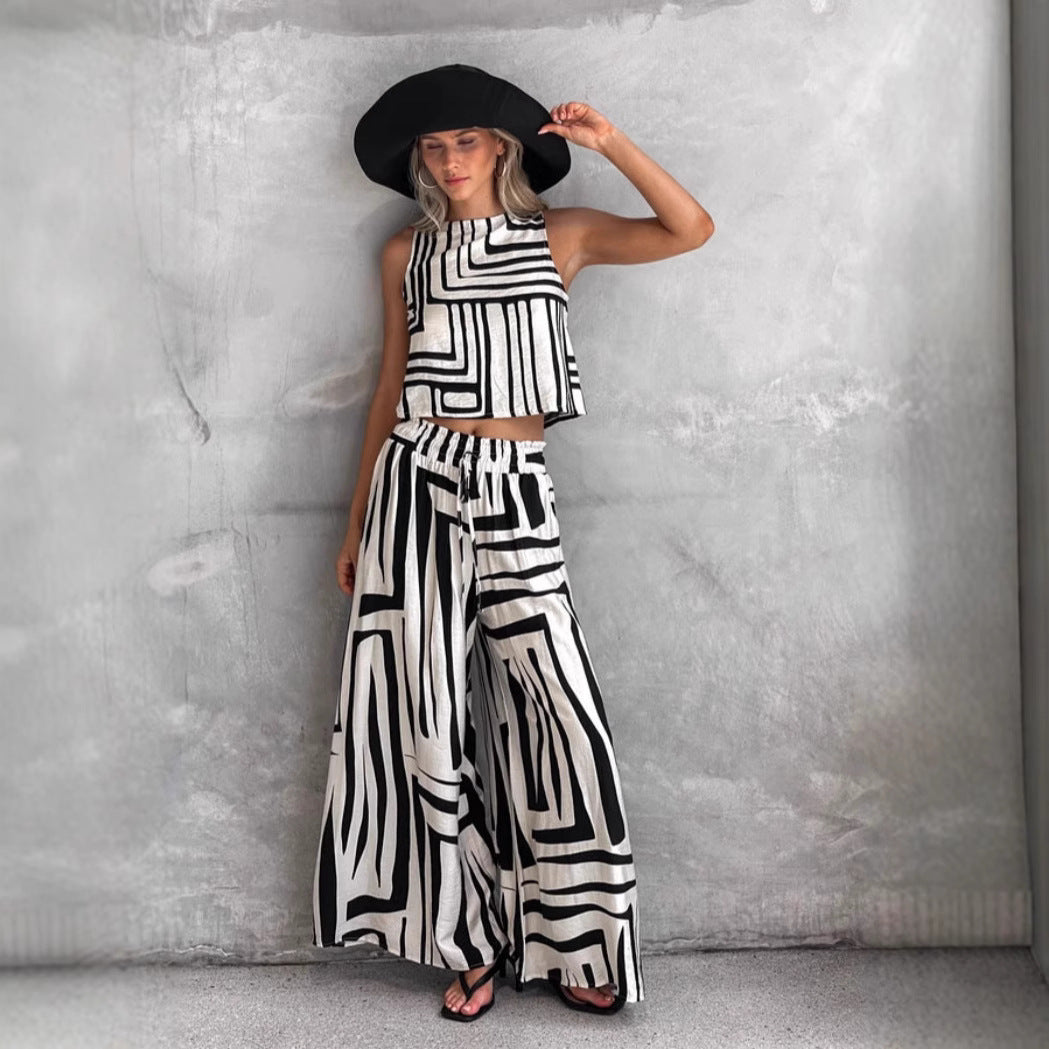 B&W Sleeveless Top and Wide-leg Pants Set CJ Dropshipping B&W Print Sleeveless Pantsuit