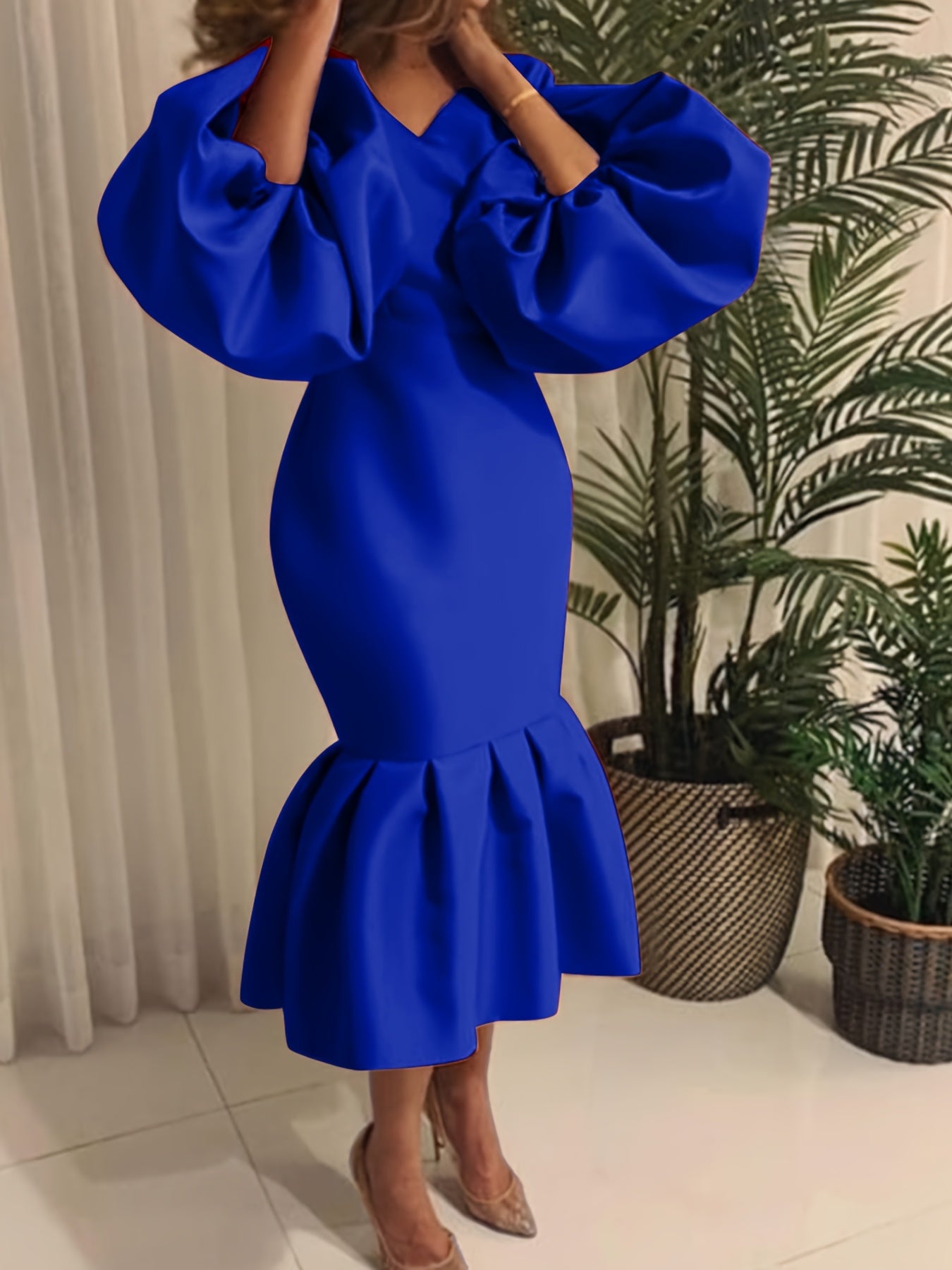 Cowl Neck Balloon Sleeve Mermaid Dress