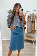 Blue Floral Denim Shirt – Bracelet Sleeve Lightweight Button Up Blouse Blue 82%Cotton+10%Polyester+8%Viscose Dear-Lover Dropshipping Tops/Blouses & Shirts