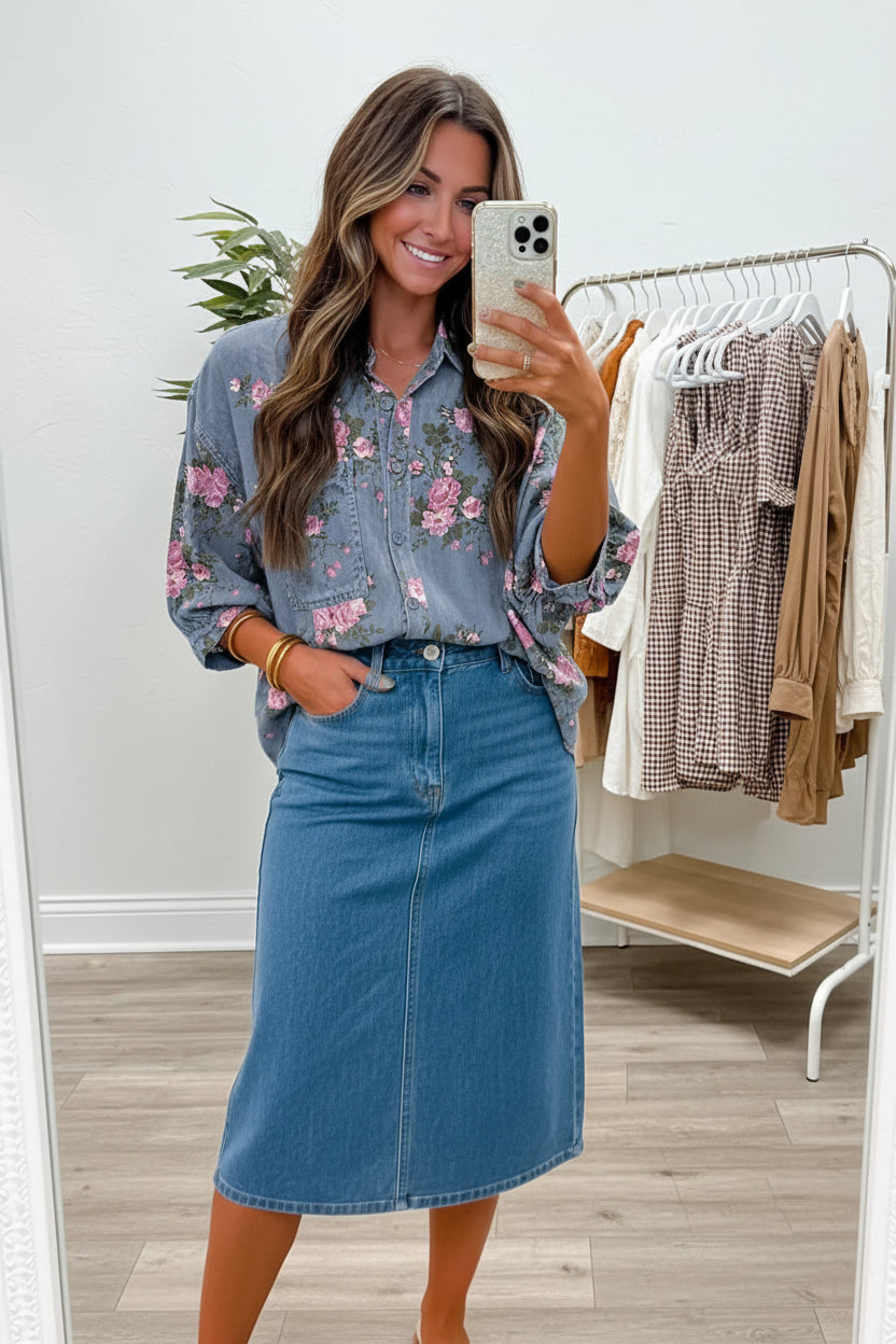 Blue Floral Denim Shirt – Bracelet Sleeve Lightweight Button Up Blouse Blue 82%Cotton+10%Polyester+8%Viscose Dear-Lover Dropshipping Tops/Blouses & Shirts