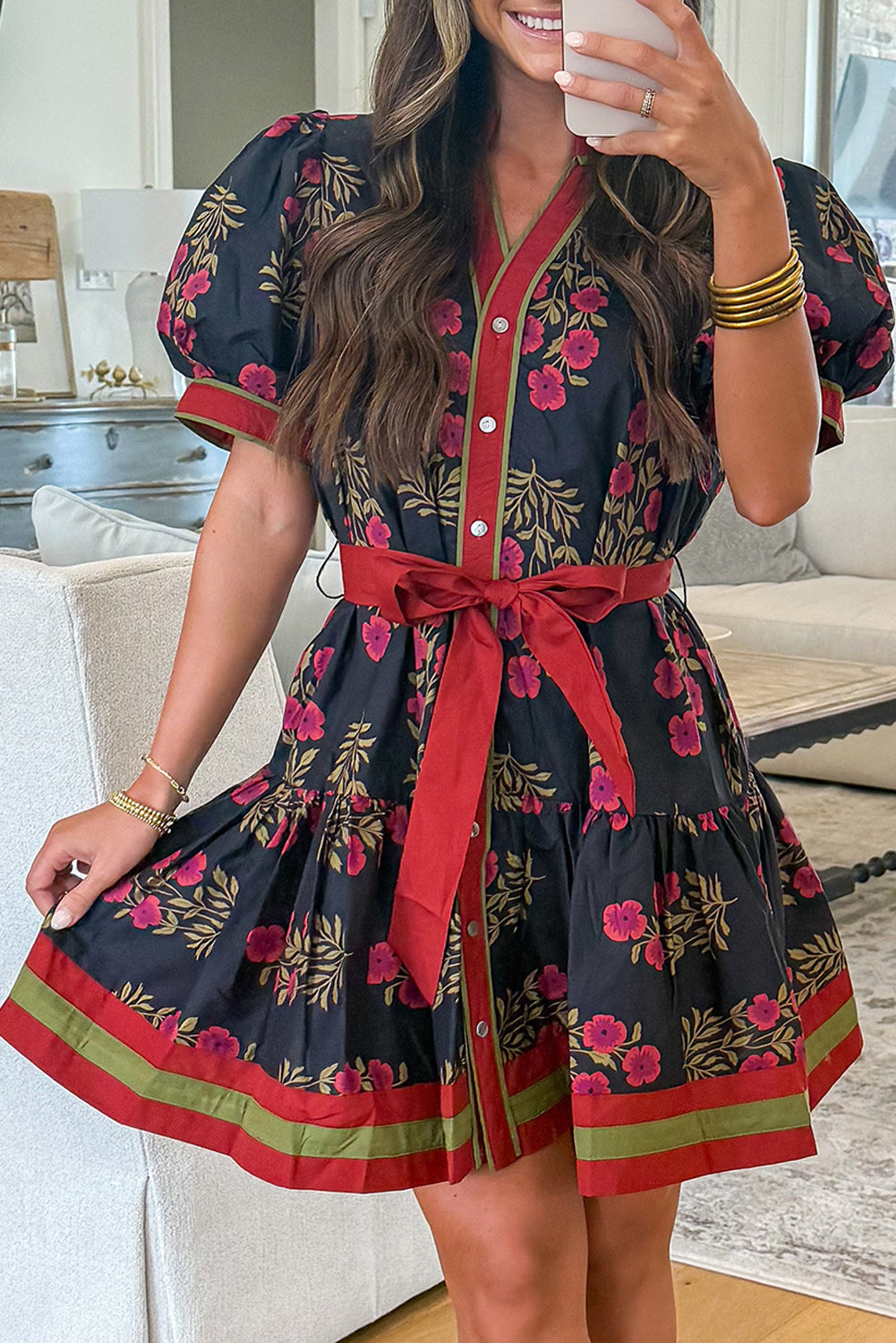 Black Retro Floral Belted Short Puff Sleeve Mini Dress Black 100%Cotton Bazaare Mart Dresses/Floral Dresses