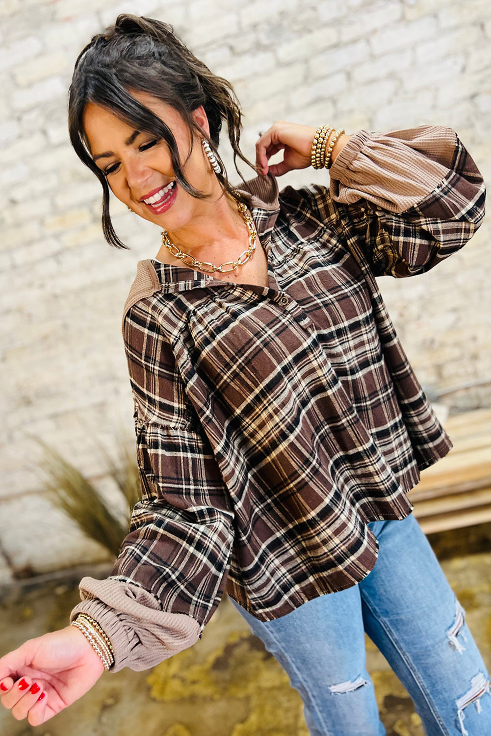 Brown Plaid Long Sleeve Hooded Henley Top