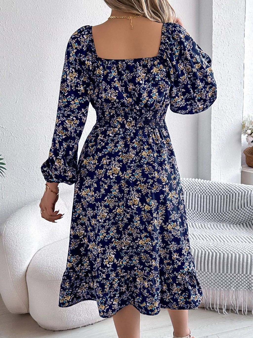 Floral Long Sleeve Square Neck Midi Dress Bazaare Mart Long Sleeve Floral Peasant Dress