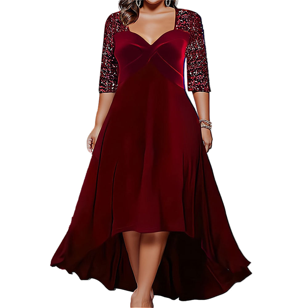 Elegant Sweetheart Neck 3/4 Sequin Sleeve Velvet High Low Midi Dress