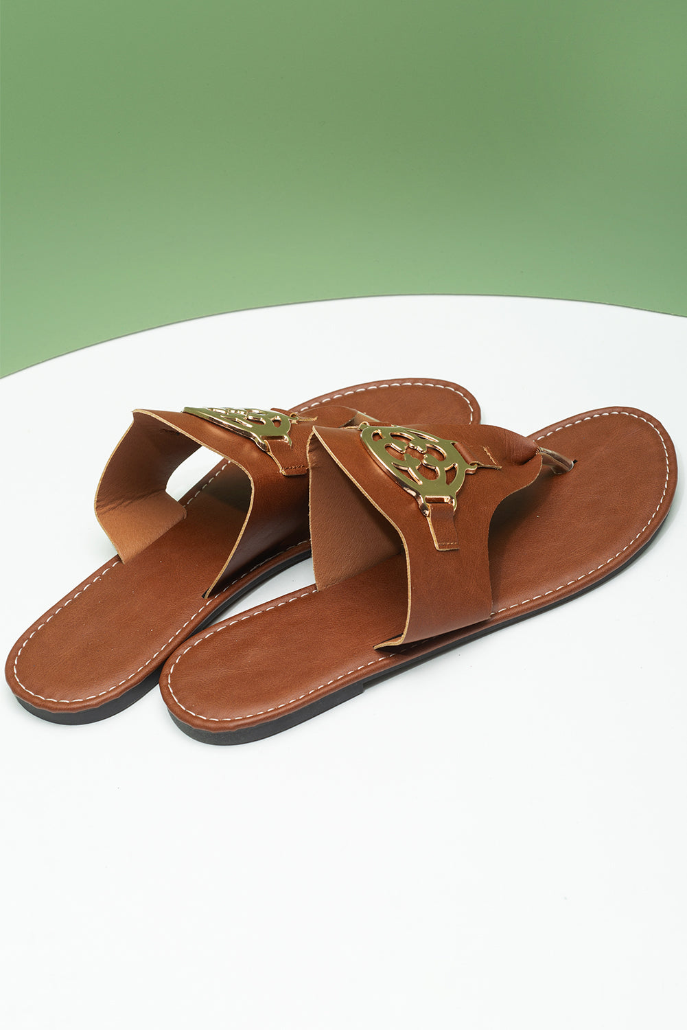 Chestnut Metal Design Leather Thong Sandals