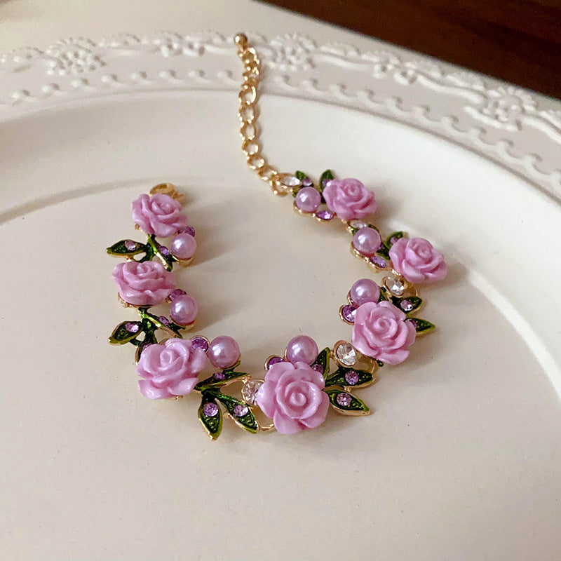 Pearl and Rhinestone-embedded Rose Necklace