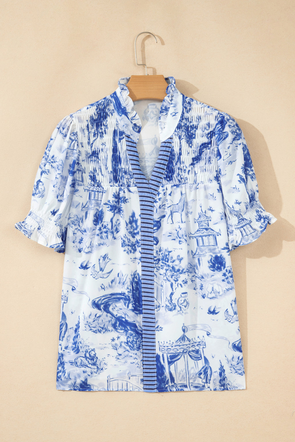Blue Toile Print Smocked Puff Sleeve Blouse Dear-Lover Dropshipping Tops/Blouses & Shirts