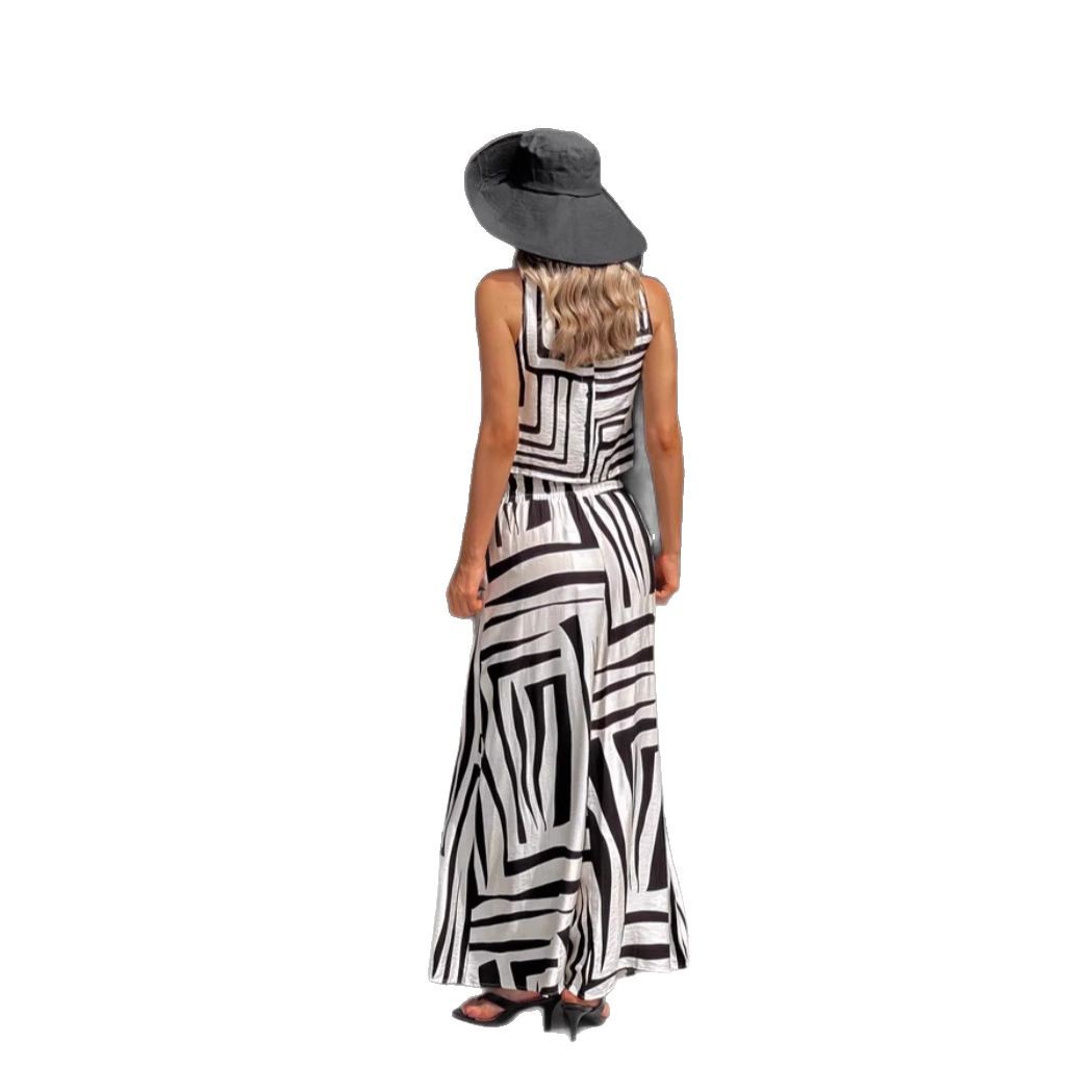 B&W Sleeveless Top and Wide-leg Pants Set CJ Dropshipping B&W Print Sleeveless Pantsuit