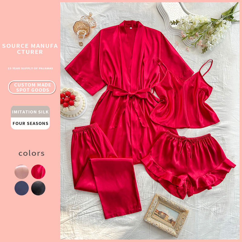 Silky 4-Piece Pajama Set for Women – Satin Cami, Robe, Shorts & Pants Sleepwear Set CJ Dropshipping Four-piece PJ Set