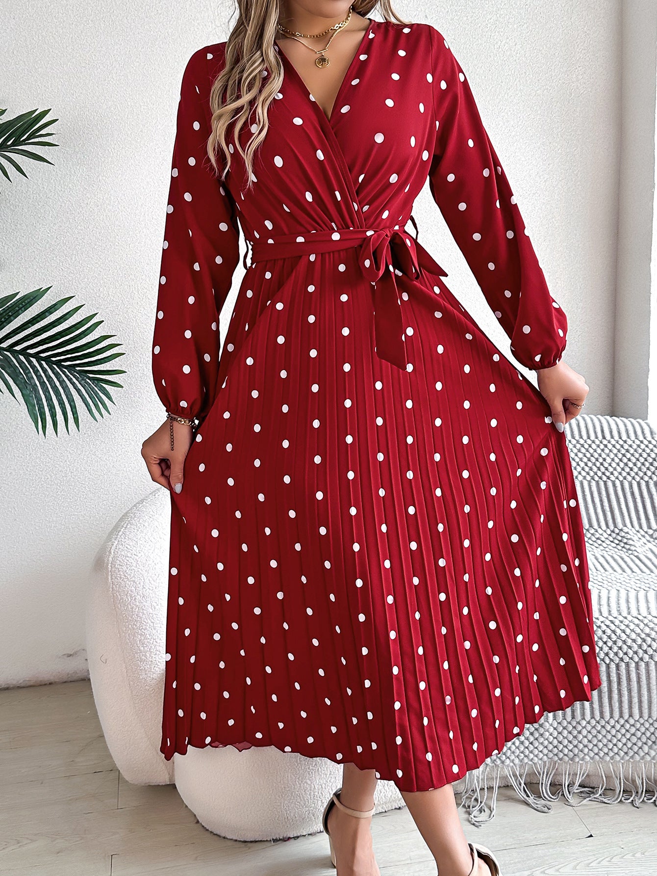 Elegant Polka Dot Pleated Maxi Dress – Cross V-Neck Long Sleeve Shirt Dress Wine Red CJ Dropshipping Long Sleeve Polka Dot Midi Dress