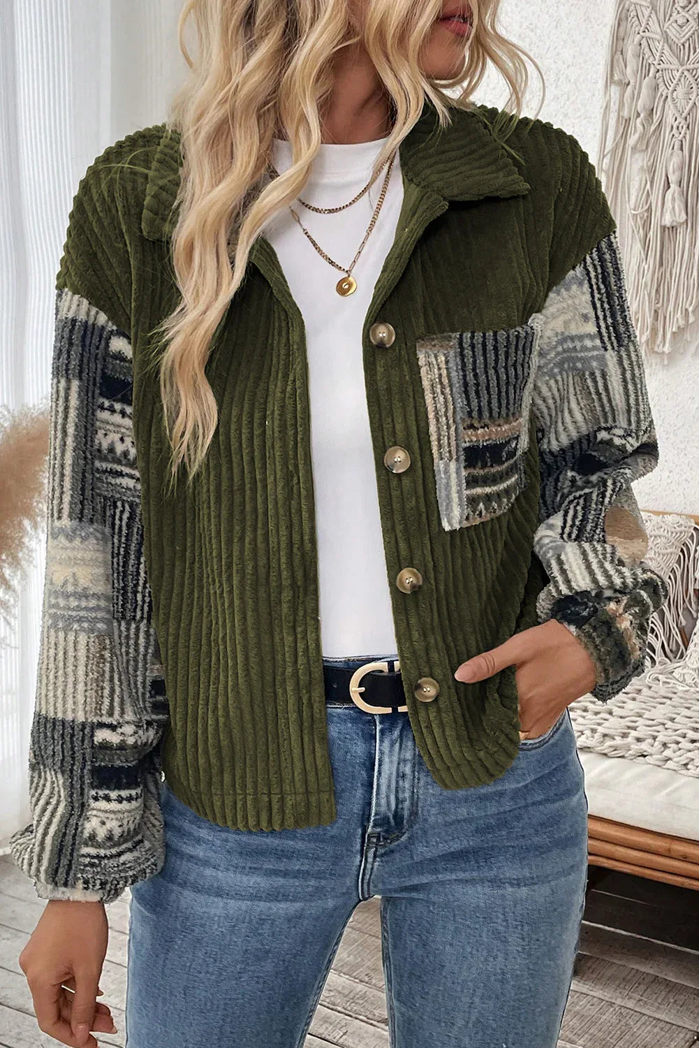 Army Green Ribbed Fleece Plaid Patchwork Button Up Jacket