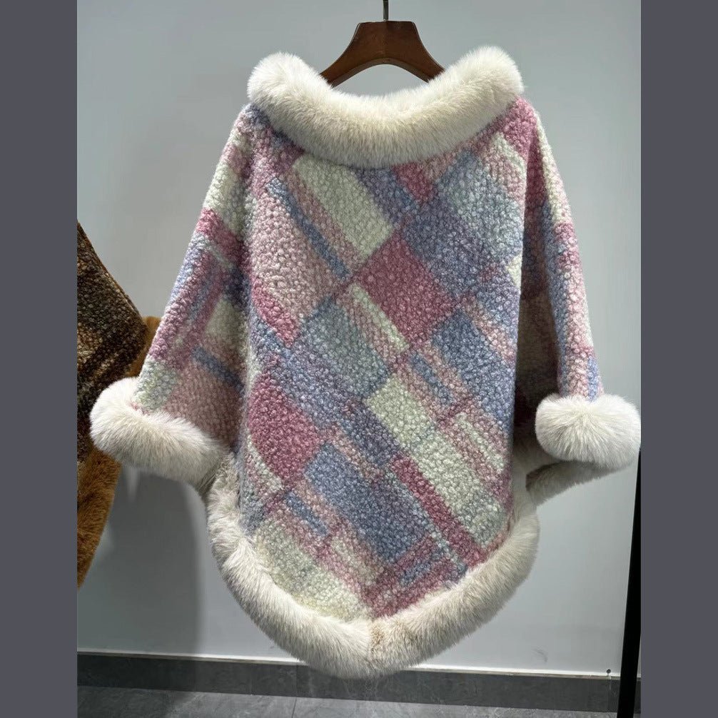 Big Fur Collar Classic Plaid Poncho - Bazaare Mart