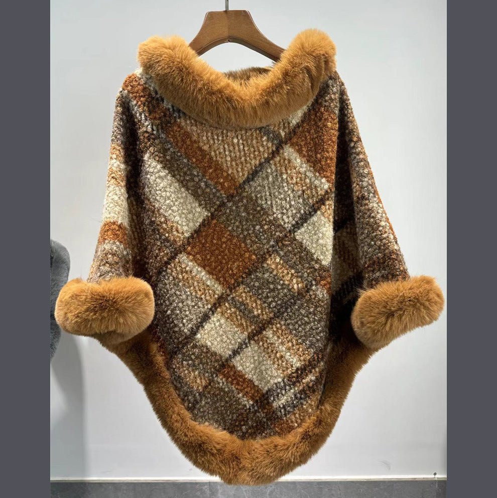 Big Fur Collar Classic Plaid Poncho - Bazaare Mart